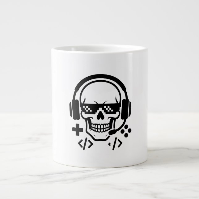 Caneca De Café Grande Gamer Skull Headset Pixel Glasses | Bold Black Vec (Frente)