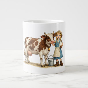 Caneca De Café Grande Garota do campo com vaca, adorável arte do país le