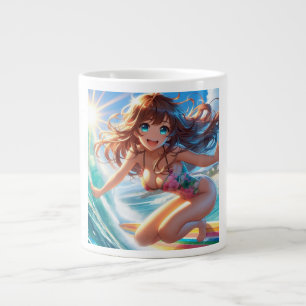 Caneca De Café Grande Garota surfista de anime costeira/náutica/tropical