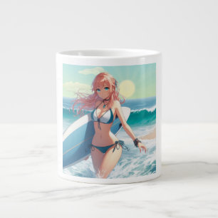 Caneca De Café Grande Garota surfista de anime costeira/náutica/tropical