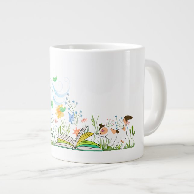 Caneca De Café Grande Gatinho bonito lendo um livro. (Frente Esquerda)