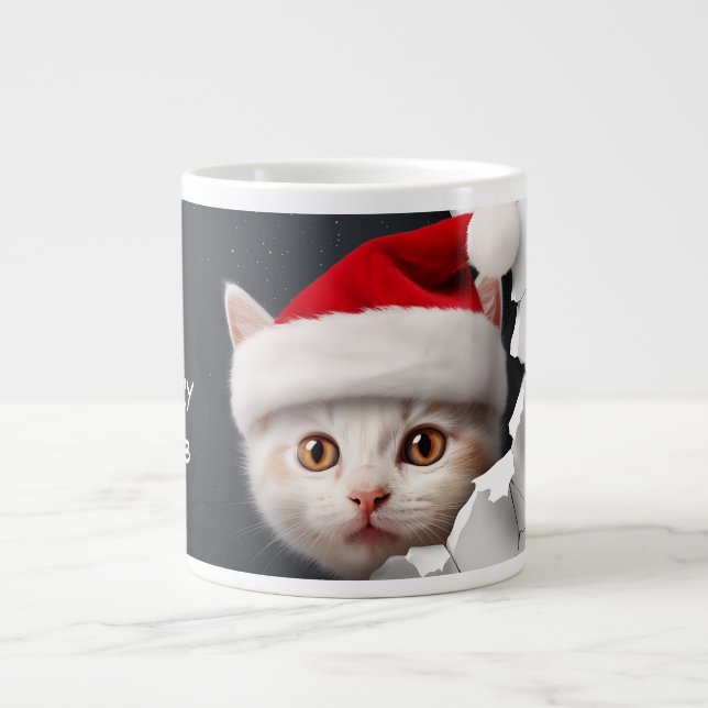 Caneca De Café Grande Gatinho giro 3D com Papai Noel (Frente)