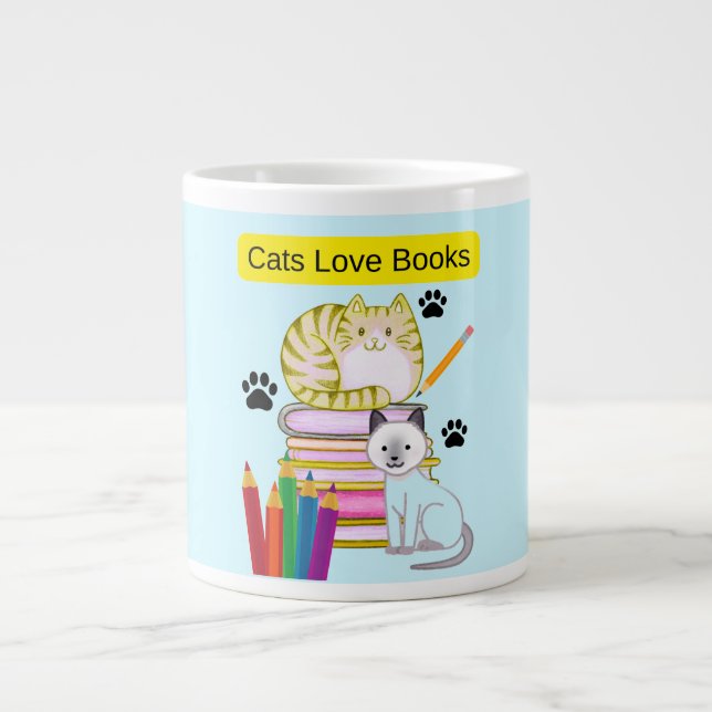 Caneca De Café Grande Gato Ama Livros (Frente)