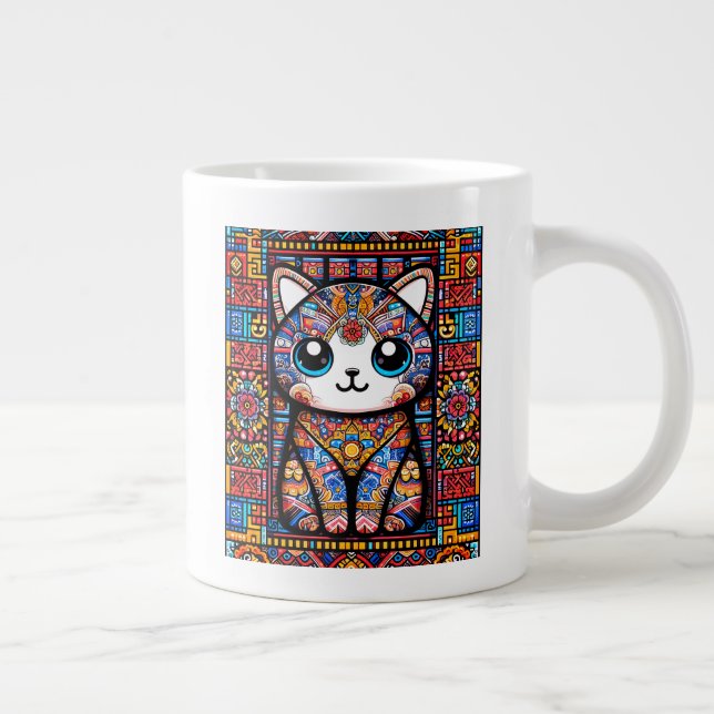 Caneca De Café Grande Gato Bonito com Charme de Padrão Tradicional (Direita)