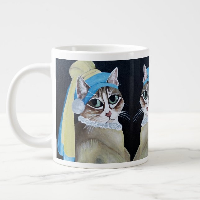 Caneca De Café Grande Gato Com Uma Pearl A Ouvir Jumbo Mug (Esquerda)