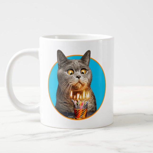 Caneca De Café Grande Gato Com Vidro De Aniversário (Esquerda)