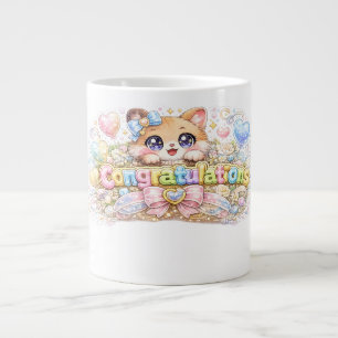 Caneca De Café Grande Gato Congratulações Kawaii Fofo Rosa Pastel Floral