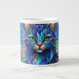 Caneca De Café Grande Gato Cósmico Vidro Colorido Olhos Azuis Verdes Sur