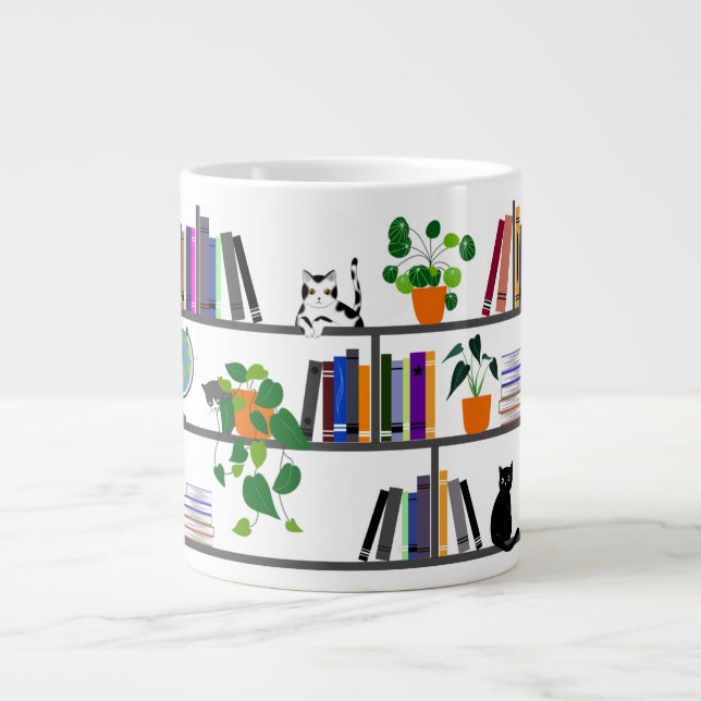 Caneca De Café Grande Gato Deitado em uma estante de livros, Livro de Ga (Frente)
