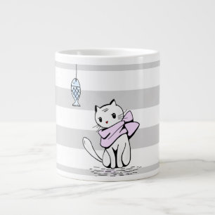 Caneca De Café Grande Gato e Peixe Brancos Pimados