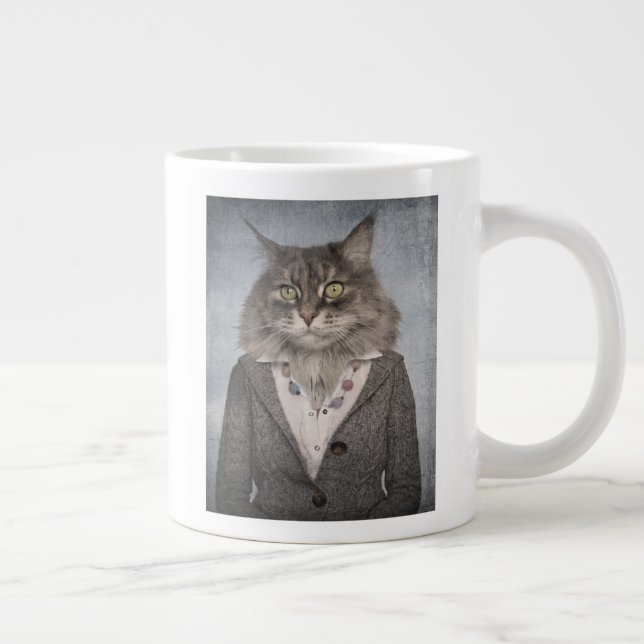 Caneca De Café Grande Gato Em Roupas (Direita)