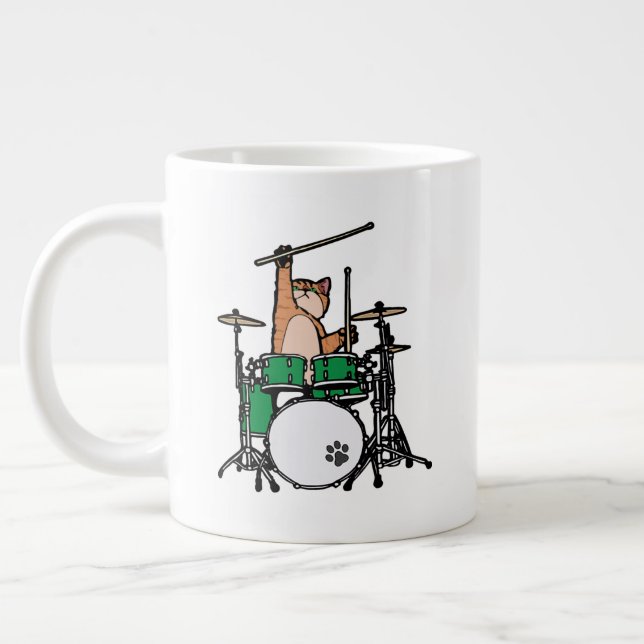 Caneca De Café Grande Gato Engraçado Jogando Tambores, Baterista De Gato (Esquerda)