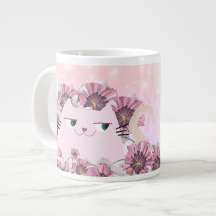 Caneca De Café Grande Gato Fofo Flores Rosa