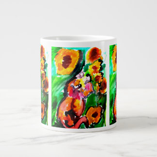 Caneca De Café Grande Gato Laranja e girassóis