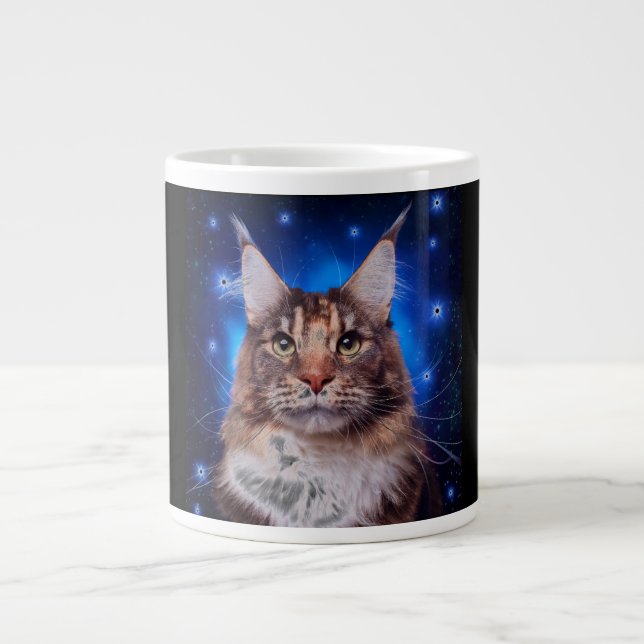 Caneca De Café Grande Gato Main Coon Fundo Azul Estrelas (Frente)