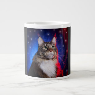 Caneca De Café Grande Gato Maine Coon Com Aura Vermelha Branca Azul E Es