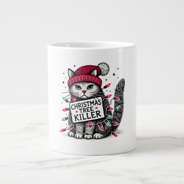 Caneca De Café Grande gato matador da árvore de natal (Frente)