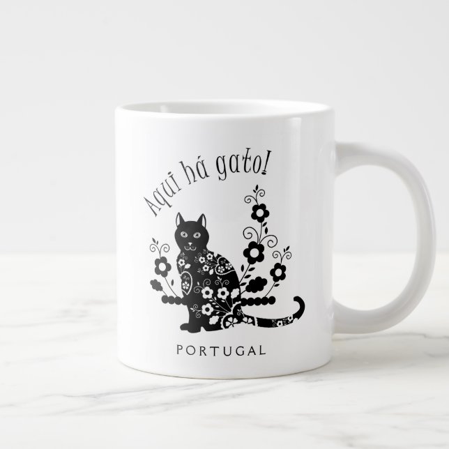 Caneca De Café Grande Gato negro com flores e expressão portuguesa (Direita)