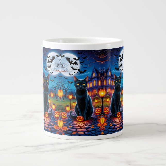 Caneca De Café Grande Gato Negro na Paisagem Halloween Encantada (Frente)