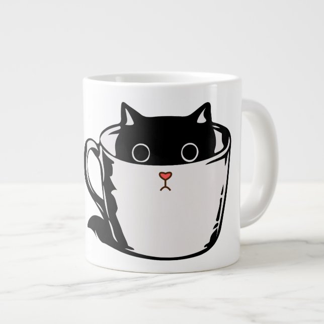 Caneca De Café Grande Gato preto com nariz vermelho escondido em um copo (Frente Esquerda)