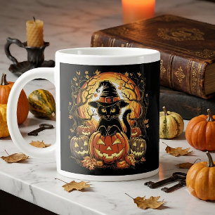 Caneca De Café Grande Gato Preto de Halloween Abóbora Bruxa Gato Assusta