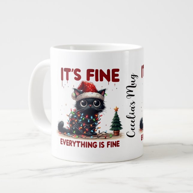 Caneca De Café Grande Gato Preto Louco em Luzes de Natal (Frente Esquerda)