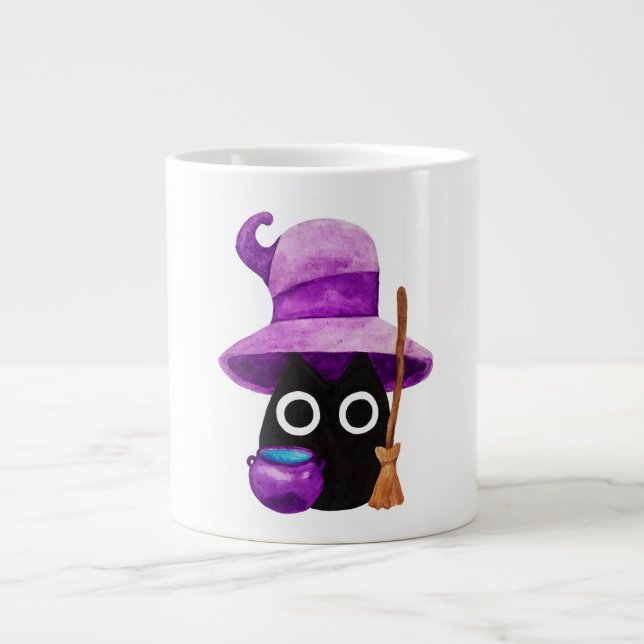 Caneca De Café Grande Gato Preto Testemunha com Grande Aquecedor Roxo (Frente)