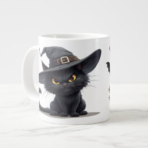 Caneca De Café Grande Gato Preto Usando Chapéu de Bruxa Com Magia de Hal