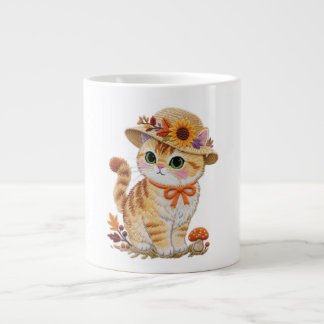 Caneca De Café Grande Gato Tabby Cottagecore com Folhas de Outono Tri-Bl