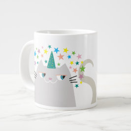 Caneca De Café Grande Gato White Unicorn Caticorn Estrelas Coloridas Chi