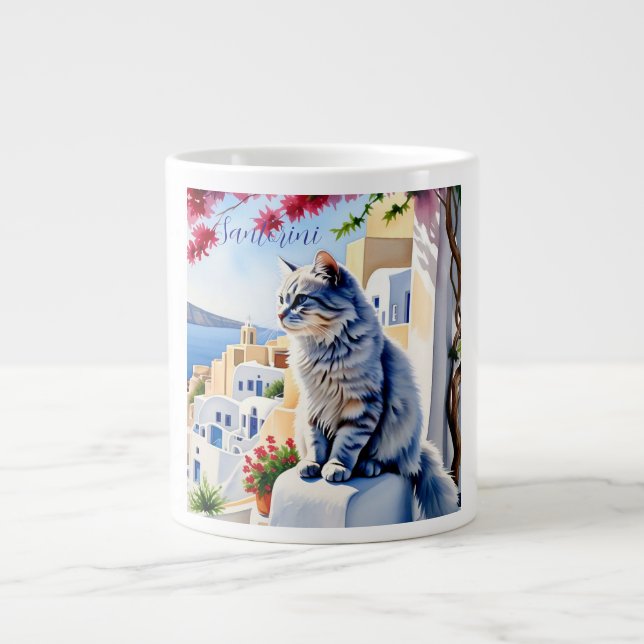 Caneca De Café Grande Gatos e Beleza de Santorini (Frente)