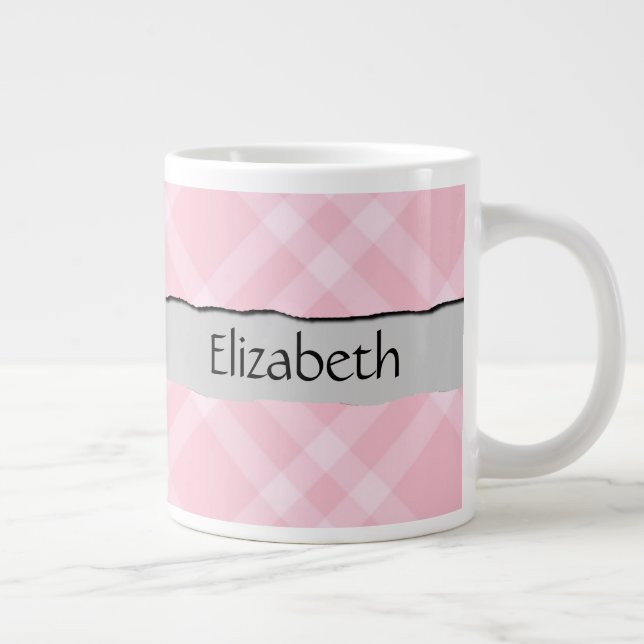 Caneca De Café Grande Gingham Rosa, Padrão Gingham, Seu Nome (Direita)