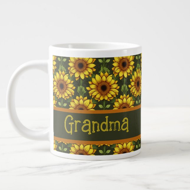 Caneca De Café Grande Girassol amarelo alaranjado com verde e castanho (Esquerda)