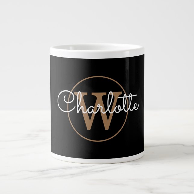Caneca De Café Grande Girassol Script Dourado Monograma Moderno Preto (Frente)