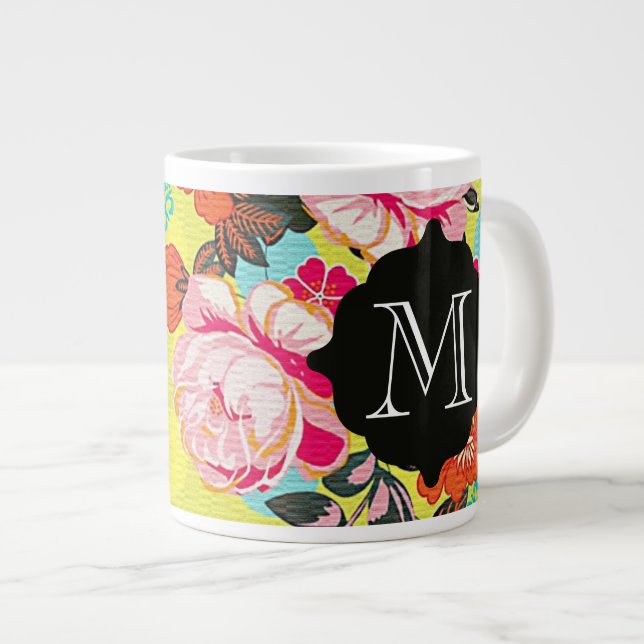 Caneca De Café Grande Girly Floral Paisley Monograma Giant Mug (Frente Esquerda)