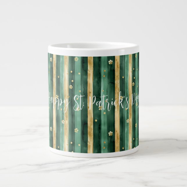 Caneca De Café Grande Green Gold Shamrock St. Patrick's Day Stripes (Frente)