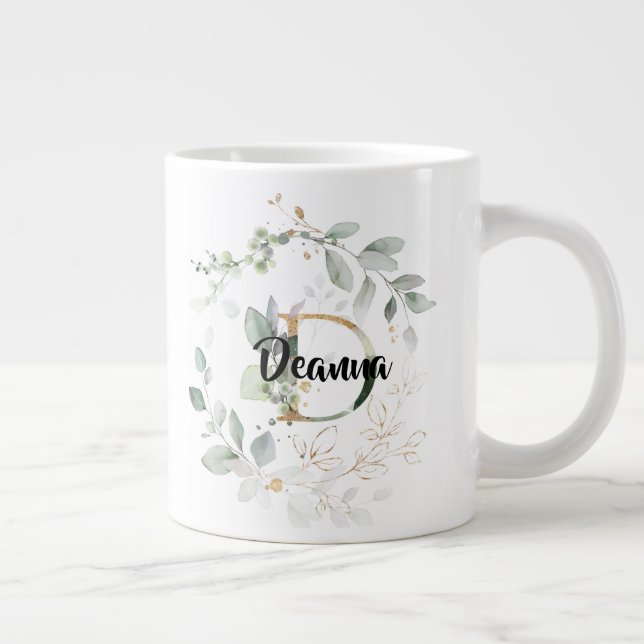 Caneca De Café Grande Greenery Dourado Deixa Monograma Nome 'D' Inicial (Direita)