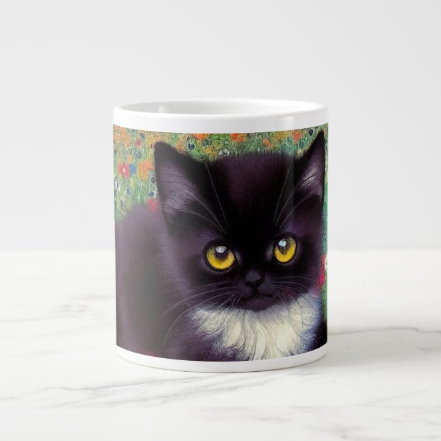 Caneca De Café Grande Gustav Klimt Tuxedo Cat (Frente)