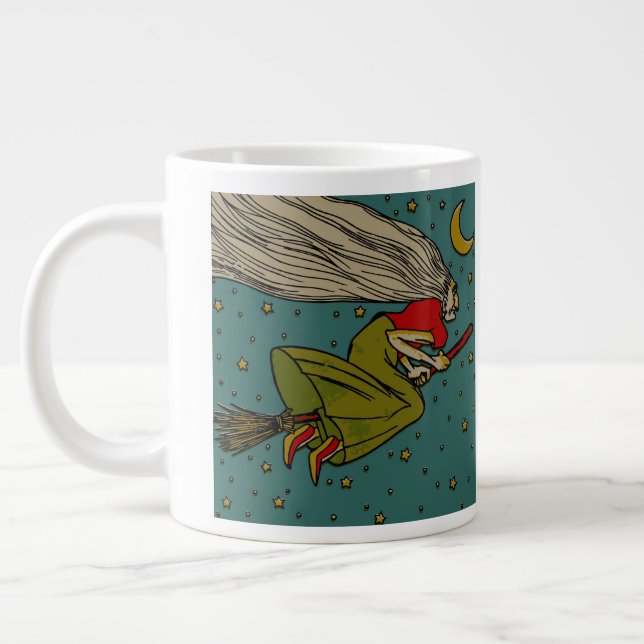 Caneca De Café Grande Halloween Antigo, Bruxa Má Voadora em Vassoura (Esquerda)