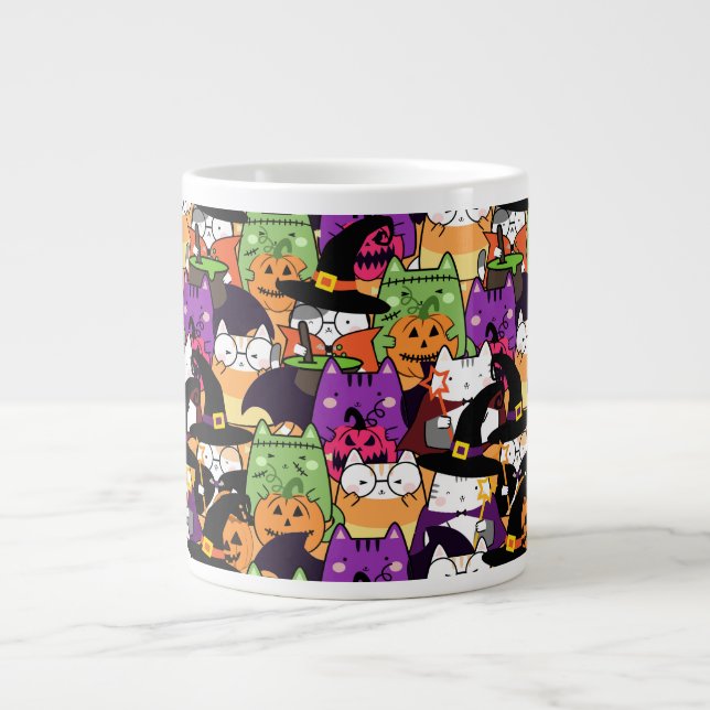Caneca De Café Grande Halloween Kawaii Cat Patterno (Frente)