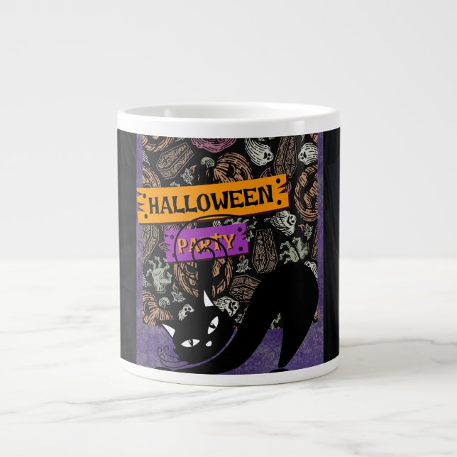 Caneca De Café Grande Halloween Party and Black Cat (Frente)
