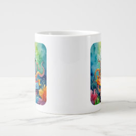 Caneca De Café Grande Happy Birthday Octopus Party Hat Watercolor Design