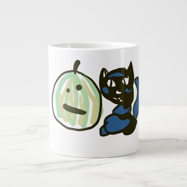 Caneca De Café Grande Happy Green Jack o Lantern Black Cat  (Frente)