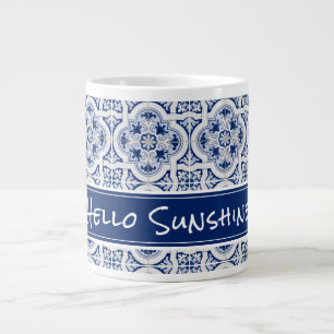 Caneca De Café Grande HELLO SUNSHINE Azul e Branco Azulejo Siciliano