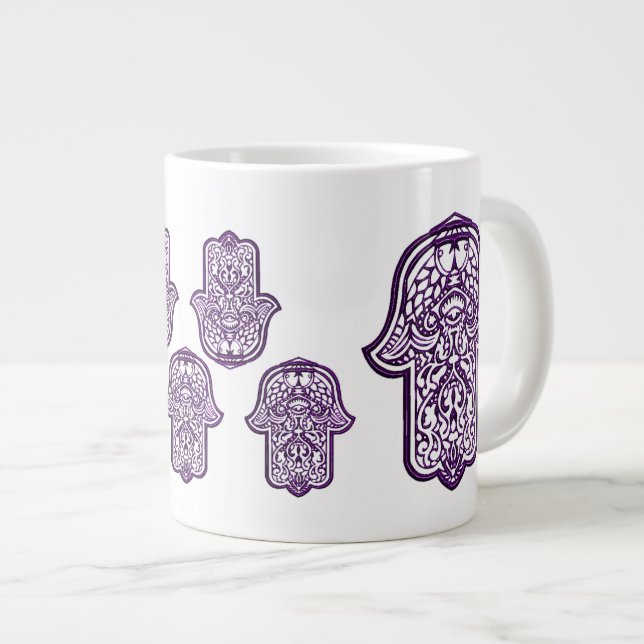 Caneca De Café Grande Henna Hand of Hamsa (Púrpura) (Frente Esquerda)