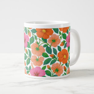 Caneca De Café Grande Hibisco Tropical em Rosa, Laranja e Bege