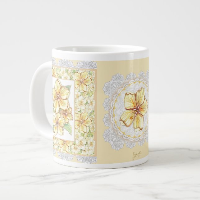 Caneca De Café Grande Hibiscus & lace AMARELO (Frente Esquerda)
