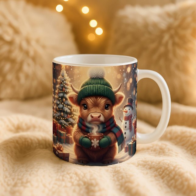 Caneca De Café Grande Highland Cow Christmas Mug, Cute Calf Art, Holiday (Criador carregado)