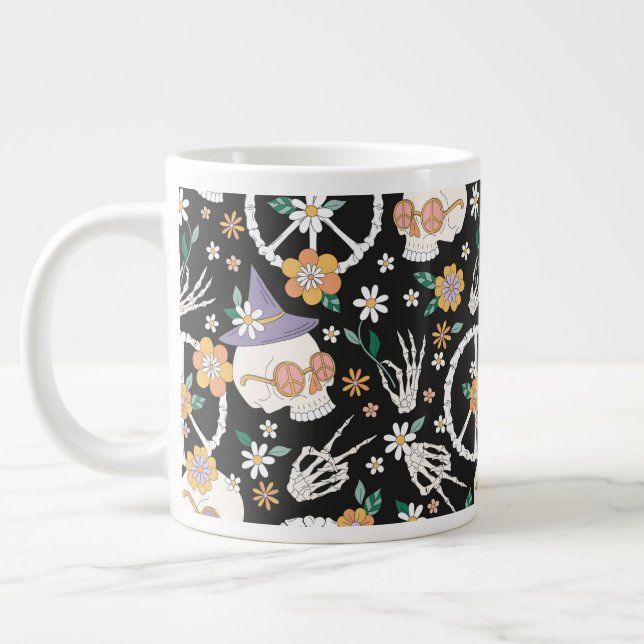 Caneca De Café Grande Hippie Halloween Skulls and Flowers Standard (Esquerda)