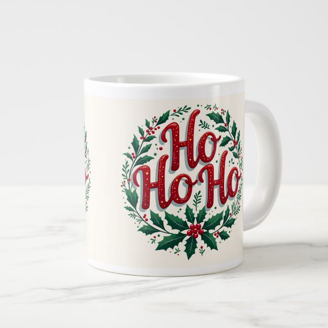 Caneca De Café Grande Ho Ho Ho Christmas Wreath Typography Design (Frente Esquerda)